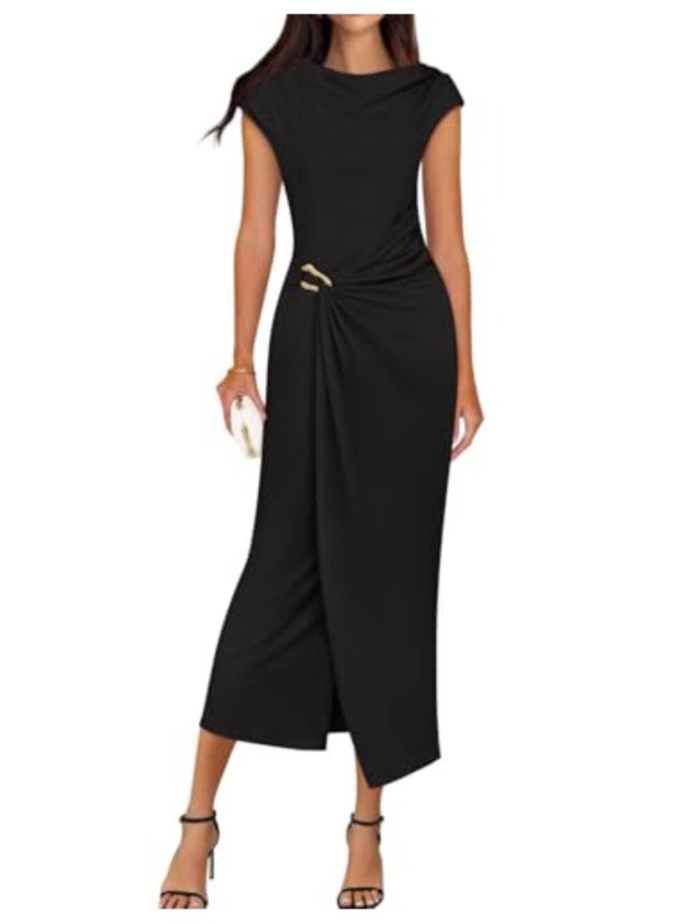 Elegant Cap Sleeve Bodycon Midi Dress Mock Neck Slit Summer Party Formal